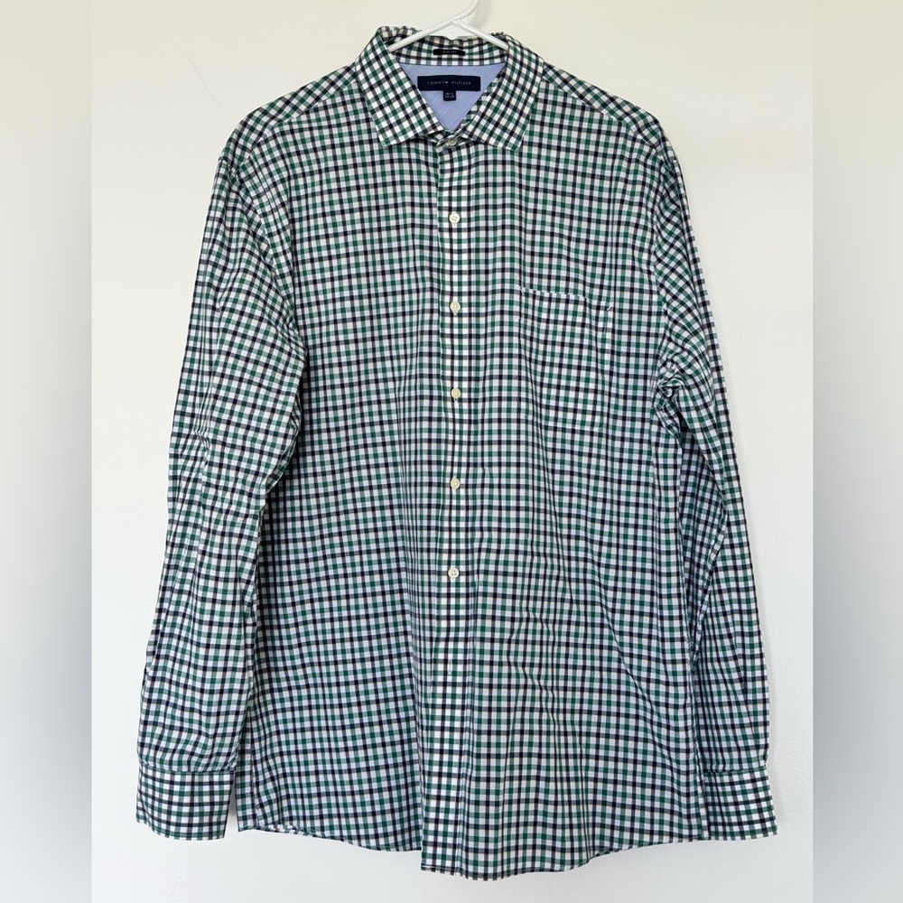 Tommy Hilfiger Green and White Men Button Down Shirt, Slim Fit, Cotton size 16.5